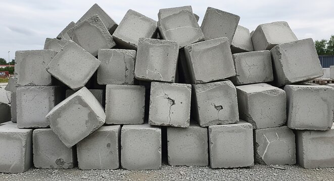 Stacked concrete blocks with rough edges and visible cracks unde
