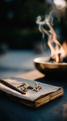 Close-up shows a worn book, pencil, herbs, & incense burner with smoke, set outdoors with a blurred, natural backdrop in warm, earthy tones