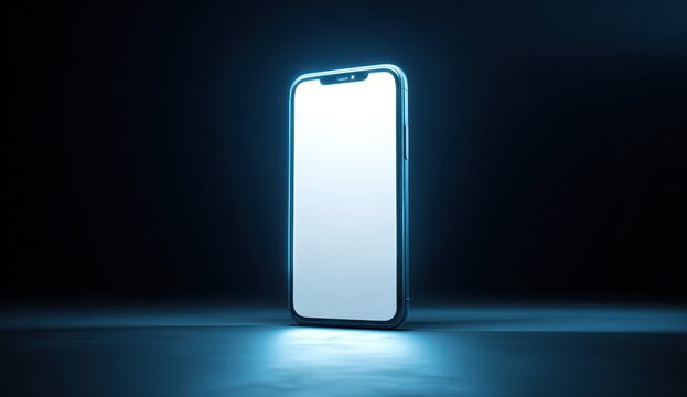 Vibrant photo of 3d render of an phone mockup in blue neon light, standing upright on the floor with a blank screen, against a dark background. the phone is illuminated from.