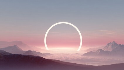 Surreal pink and blue circular portal glowing in the sky above mountains, giant white circle with god rays, cinematic symmetrical matte painting style, foggy sunset landscape with dreamy atmosphere