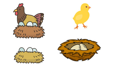 A set of funny yellow farm animals, including a hen and her baby chicks, ready for Easter