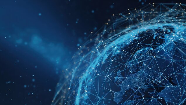 Global network, digital earth, interconnected world.  Abstract globe with glowing, connecting lines