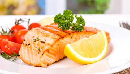 Grilled salmon fillet with lemon and cherry tomatoes