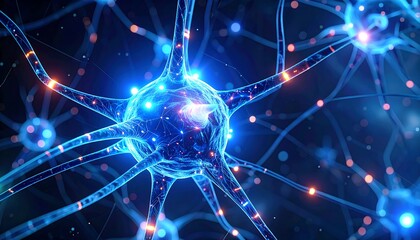 A close-up view of neuron cells with their branching structures and glowing points of connection. The image highlights the intricate network 