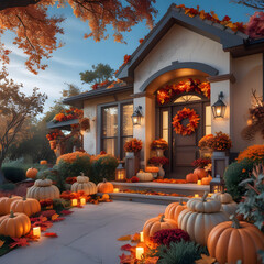 Obraz premium Halloween pumpkins in the garden with autumn harvest decorations