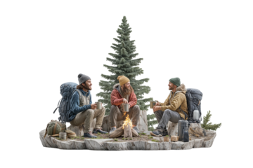 Group of friends camping and hiking in nature near campfire and forest tree on transparent background
