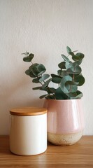 A pink vase holding eucalyptus next to a white jar sits on a wooden table against a white wall. Minimalistic, clean
