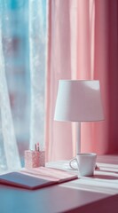 Softly lit workspace featuring a white lamp, mug, notebook, and makeup, bathed in pink tones against a backdrop of sheer and pink curtains