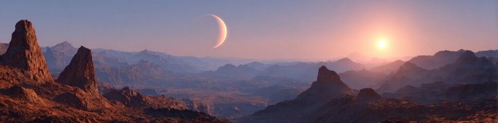Obraz premium Sunrise over a vast, mountainous landscape with a crescent moon. Misty valleys and towering rock formations dominate the scene. Warm hues of sunrise paint the sky