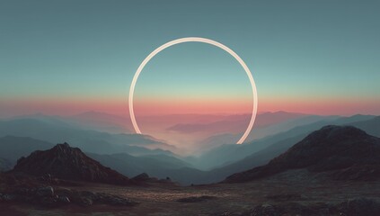 Surreal pink and blue circular portal glowing in the sky above mountains, giant white circle with god rays, cinematic symmetrical matte painting style, foggy sunset landscape with dreamy atmosphere