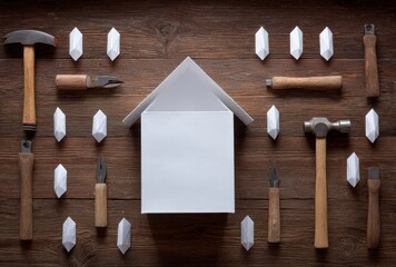 Craft tools frame a white, minimalist house shape against a weathered wood background, evoking a sense of building and home improvement