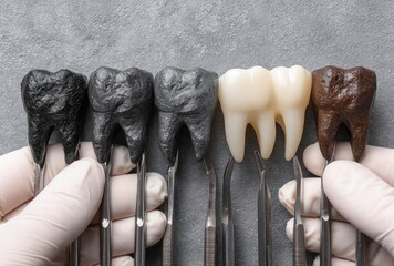 Dental models of teeth in various shades, held by gloved hands