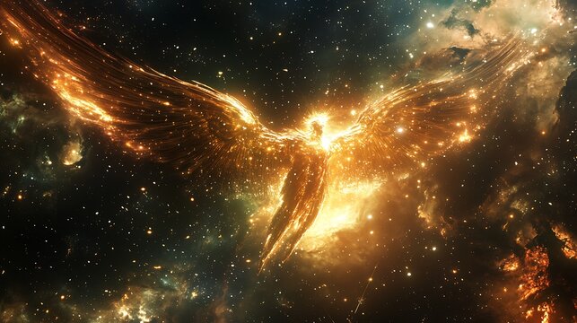 A celestial being with glowing golden wings, floating amidst a sea of stars and nebulas . - Powered by Adobe