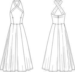 Halter neck flared dress flat sketch, sleeveless crossover neckline dress CAD, front and back technical fashion drawing