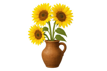 Sunflowers blooming in clay pot with transparent background
