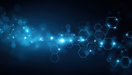 Abstract technology background with glowing hexagons.  Dark blue backdrop filled with a flowing pattern of glowing light blue hexagons and particles