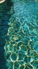 Fototapeta premium Gleaming, blue-green water shimmers in the sunlit pool. Light patterns dance across the surface, creating a mesmerizing, abstract texture