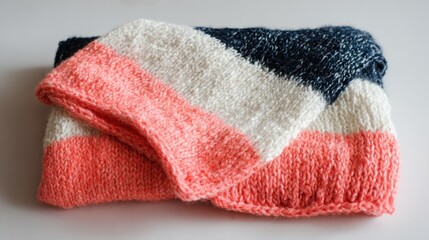 A soft, hand-knitted blanket with stripes in coral, white, and navy blue, folded neatly on a bright surface, showcasing its cozy texture and vibrant colors