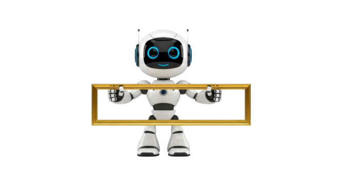 Cute robot holding a golden frame, perfect for adding your design or message, futuristic design