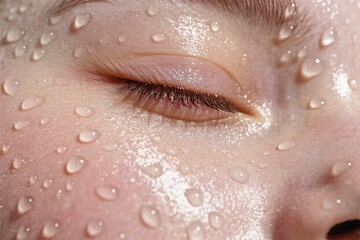 Fototapeta premium A closeup of a serene face with glistening water droplets, showcasing beauty and hydration beautifully