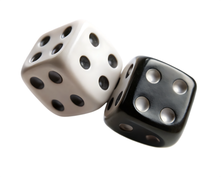 Two old white and black dice floating mid-air isolated on white background ,PNG. AI Generated.