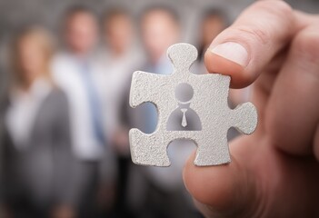 Close-up of a hand holding a puzzle piece with a person icon, against a blurred background of a diverse group of people