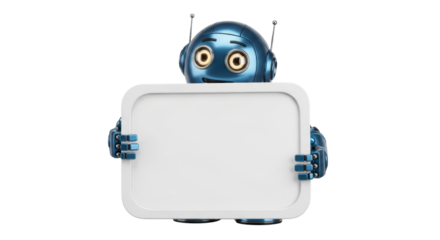 Friendly robot holding blank sign for your message, perfect for AI technology announcements