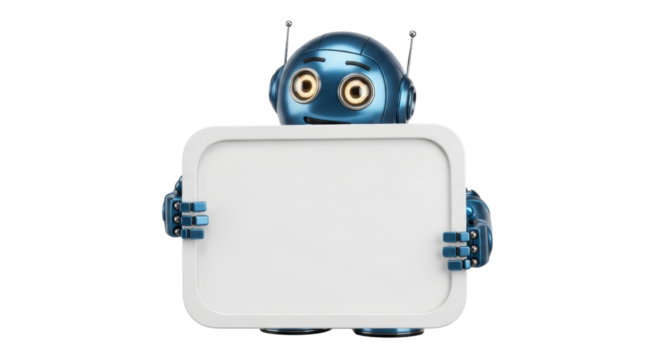 Friendly robot holding blank sign for your message, perfect for AI technology announcements