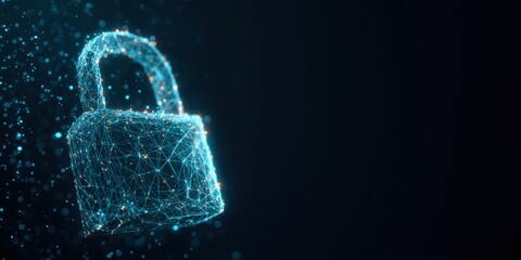 Abstract digital padlock against dark background.  Light-blue,  wireframe padlock with glowing points,  floating in a field of small particles