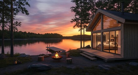 Fototapeta premium Sunset cabin by lakeside