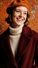 Stylish Woman Smiling While Wearing a Red Coat and Orange Beret