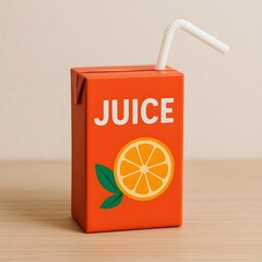 Orange juice box with straw on wooden surface