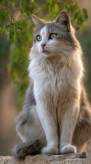 A long-haired cat with grey and white fur sits regally on a stone wall, gazing to the right with piercing green eyes, leaves in the background