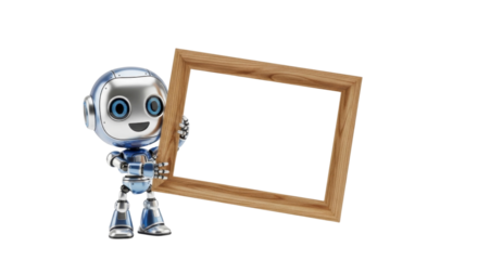 Cute robot holding a blank wooden frame for your creative message or design, perfect for technology themes