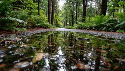 Fototapeta premium A puddle reflects a forest path