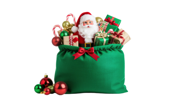 Christmas sack filled with colorful gifts festive holiday present bag decoration seasonal celebration illustration design isolated on white background