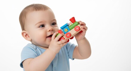 愛らしい赤ちゃん 木のおもちゃ列車 笑顔輝く 優しい光. AI Generated