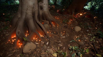Ancient tree roots glowing beneath a cracked island surface, resembling buried lightning.