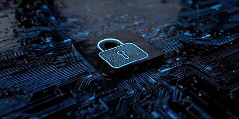 The digital lock symbolizing advanced cybersecurity on a futuristic circuit background.