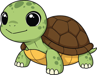 Adorable Cartoon Turtle Smiling with Big Eyes and Brown Shell – Cute Baby Reptile Vector Illustration on White Background