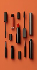 Makeup collection on orange background