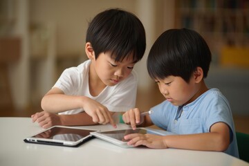 Two Young Boys Collaboratively Using a Tablet Device
