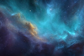 Obraz premium Deep space nebula with swirling colors. Vast expanse of cosmic clouds in turquoise, gold, and dark hues. Stars scattered throughout. Abstract, celestial, and awe-inspiring