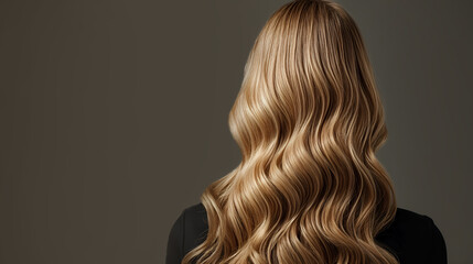 Fototapeta premium Long, wavy, blonde hair styled beautifully against a neutral background showcasing hair beauty trends