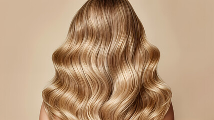 Fototapeta premium Long, wavy, blonde hair styled beautifully against a neutral background showcasing hair beauty trends