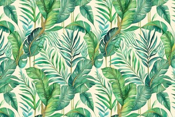 Lush Green Banana Palm Leaves Seamless Pattern Background