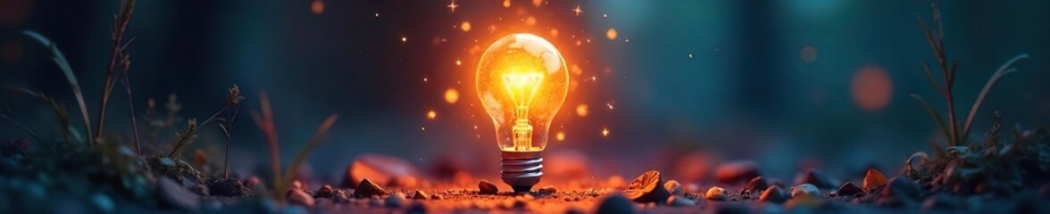 A whimsical scene featuring a glowing lightbulb, radiating warmth and inspiration; perfect for concepts of ideas, innovation, and creativity , future, electricity, radiant