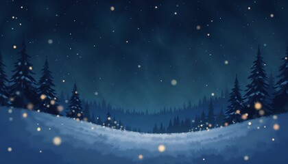 Winter night landscape with snowflakes and glowing lights in a serene atmosphere