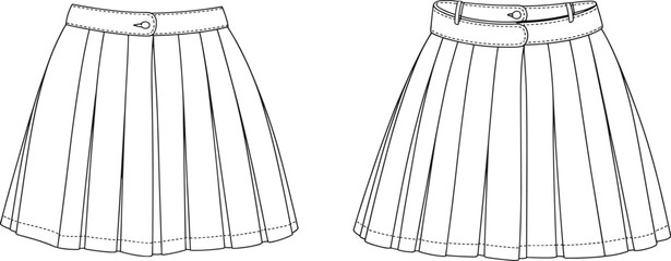 Vector flat sketch of pleated mini skirt with belt and front button closure