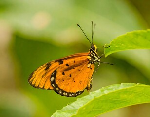 Fototapeta premium Orange butterfly perched on leaf